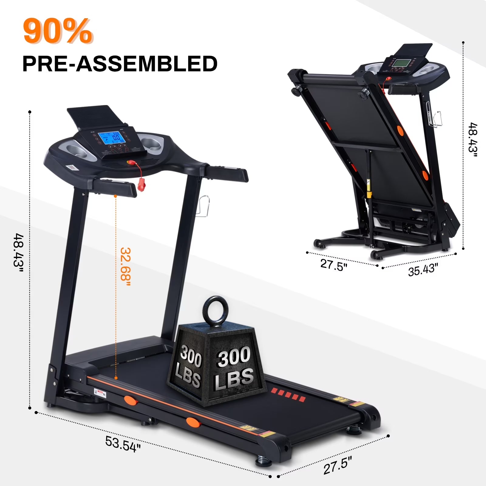 Electric Running Exercise Treadmill, Black, 300 Lb