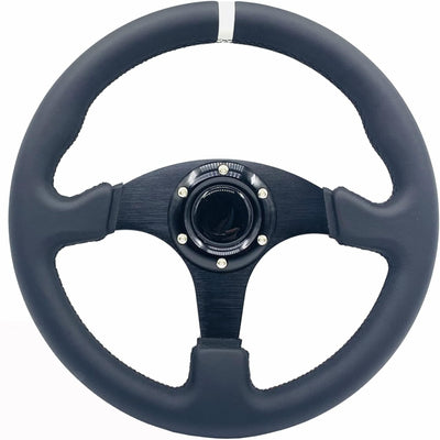 13Inch/330Mm White Stripe Racing Steering Wheel Genuine Leather and Aluminum Frame 6 Bolt Flat Bottom Steering Wheel for Racing/Car Sim Driving