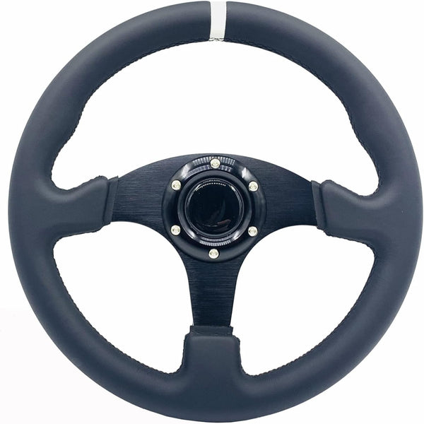13Inch/330Mm White Stripe Racing Steering Wheel Genuine Leather and Aluminum Frame 6 Bolt Flat Bottom Steering Wheel for Racing/Car Sim Driving