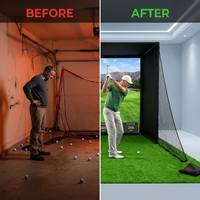 Golf Simulator Enclosure 10.7X8X5Ft & 8.5X8.5X5Ft | Light-Proof HD/4K Silent Impact Screen, Indoor/Outdoor Golf Simulators for Home Includes Mat, Foam-Padded Iron Poles, Shank Net, Sandbag & Bonus Kit — Before & After