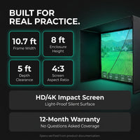 Golf Simulator Enclosure 10.7X8X5Ft & 8.5X8.5X5Ft | Light-Proof HD/4K Silent Impact Screen, Indoor/Outdoor Golf Simulators for Home Includes Mat, Foam-Padded Iron Poles, Shank Net, Sandbag & Bonus Kit — Results & Stats