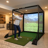 Golf Simulator Enclosure 10.7X8X5Ft & 8.5X8.5X5Ft | Light-Proof HD/4K Silent Impact Screen, Indoor/Outdoor Golf Simulators for Home Includes Mat, Foam-Padded Iron Poles, Shank Net, Sandbag & Bonus Kit — Lifestyle