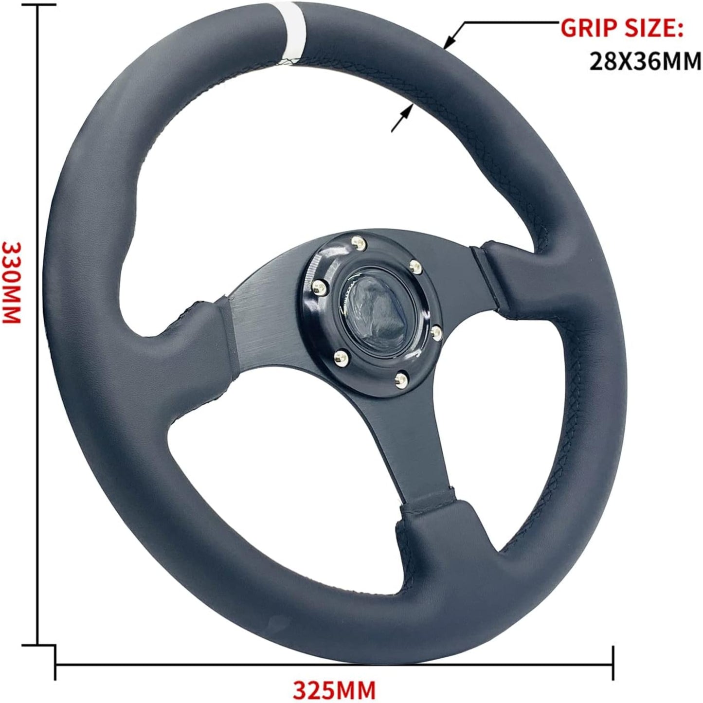 13Inch/330Mm White Stripe Racing Steering Wheel Genuine Leather and Aluminum Frame 6 Bolt Flat Bottom Steering Wheel for Racing/Car Sim Driving