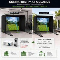 Golf Simulator Enclosure 10.7X8X5Ft & 8.5X8.5X5Ft | Light-Proof HD/4K Silent Impact Screen, Indoor/Outdoor Golf Simulators for Home Includes Mat, Foam-Padded Iron Poles, Shank Net, Sandbag & Bonus Kit