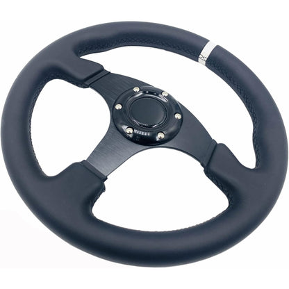 13Inch/330Mm White Stripe Racing Steering Wheel Genuine Leather and Aluminum Frame 6 Bolt Flat Bottom Steering Wheel for Racing/Car Sim Driving